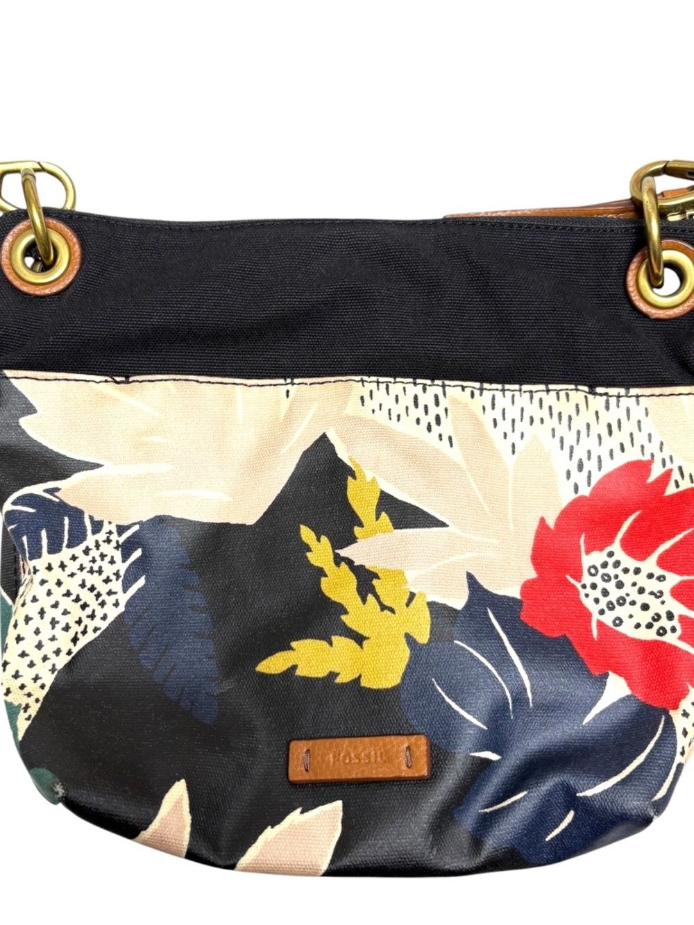 FOSSIL KEELY floral waxed canvas adjustable removable crossbody strap brass